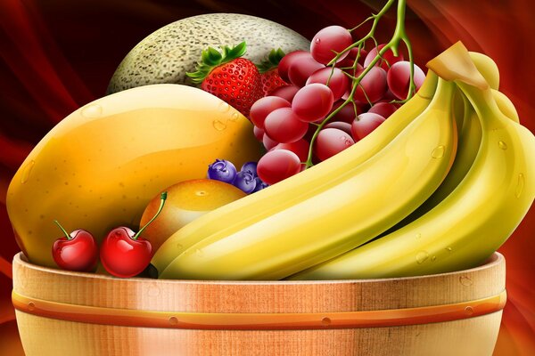 миска с фруктами бананы виноград клубника фрукты