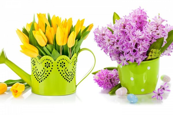 Фиолетовый сирени и желтые тюльпаны