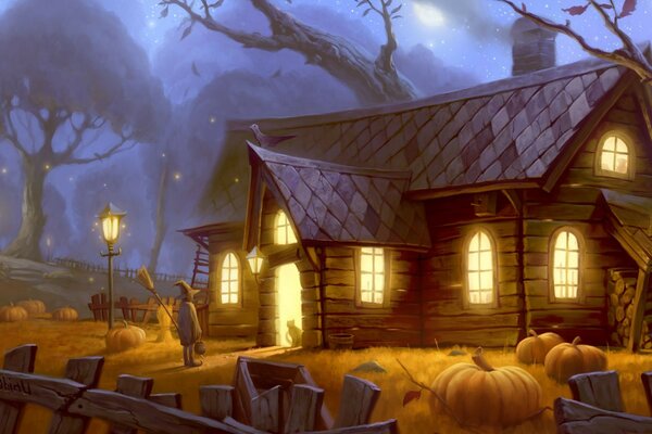 ведьма = кот свет тыквы лес дом Хэллоуин