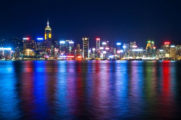 море ночь китай огни гавань виктория Гонконг
