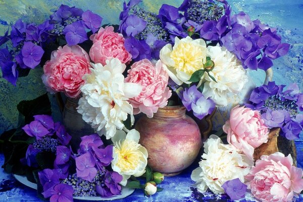 гортензия ваза пионы букет Цветы стена сиреневые