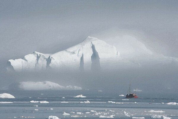 зима рисунок море лед туман судно