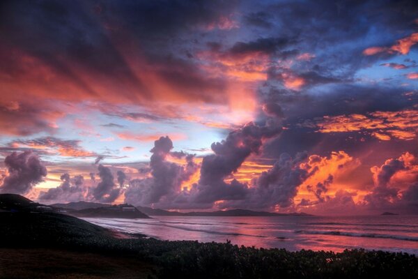 облака берег море краски небо Закат