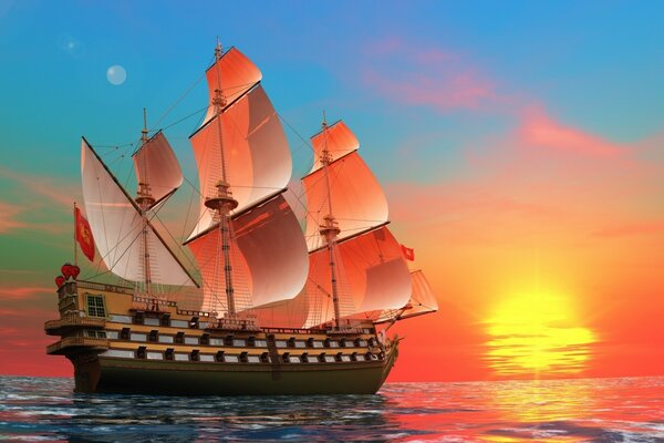 Корабль,море и закат