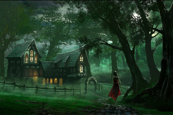 Сказочный домик в ночном лесу