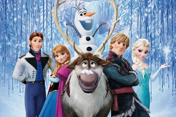 Олень, снеговик и пара принцесс с принцами