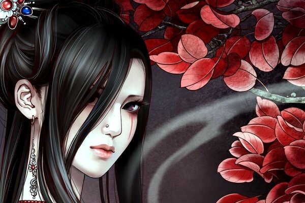 девушка китаянка на фоне красной листвы