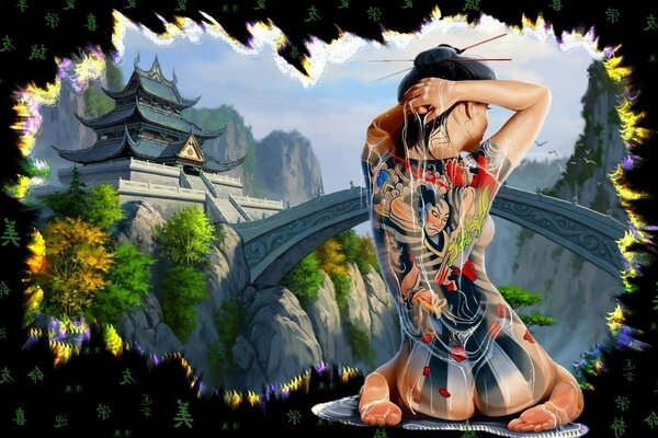 Япония замок гейша татуировка девушка якудзы спина