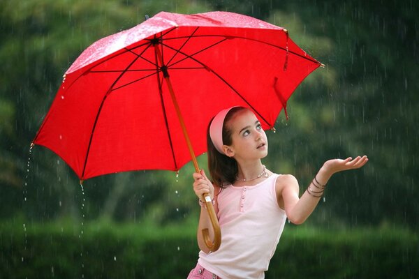 Девочка зонт красный дождь