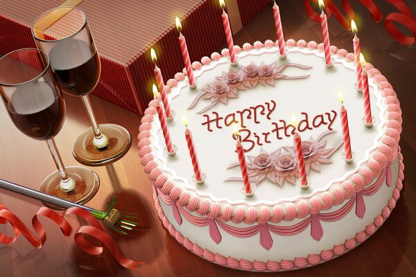 happy birthday бокалы торт свечи