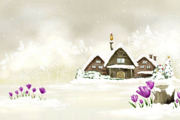 Зима новый год белый домики