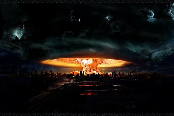гриб рисунок Арт ядерный взрыв город. пламя
