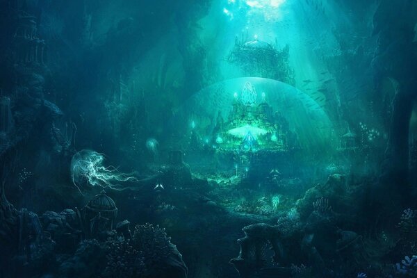 купол рыбы медуза руины город Под водой