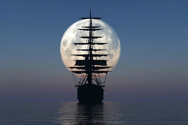 Парусный корабль на фоне луны