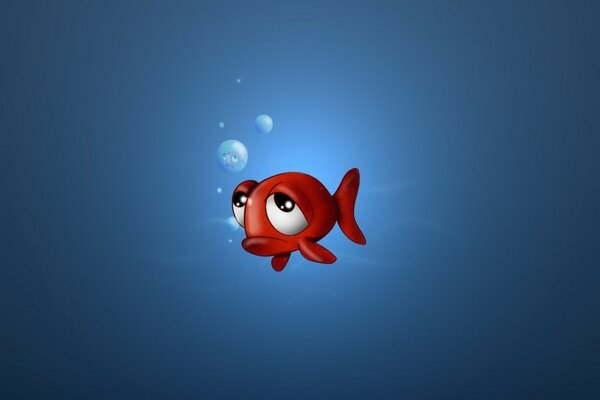 Грустная красная рыбка на синем фоне
