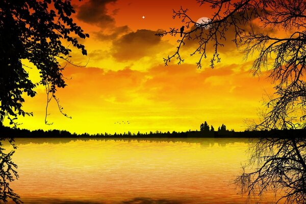 Закат над озером