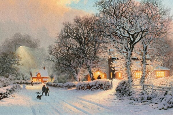 Деревня зимой живописи