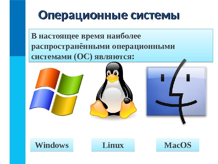Операционные системы Mac. OSLinux. Windows. В настоящее время наиболее распространёнными операционными системами (ОС) являются:
