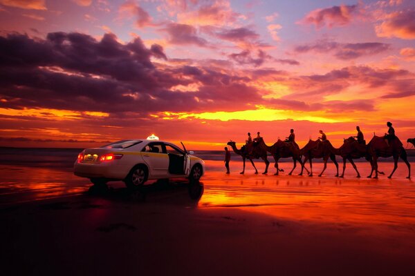 такси караван закат облака пустыня