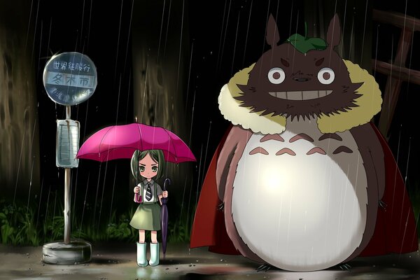мой сосед тоторо не tonari не тоторо дождь остановка девочка зонт зонтик розовый ночь