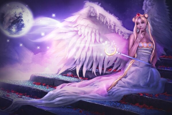 планета девушка облака лестницы стержень ангел фантазии безмятежность магия диадема крылья
