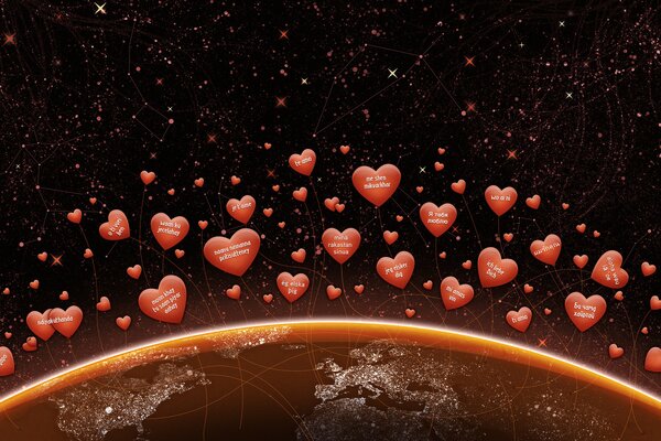 сердечки я тебя люблю земля материки надписи планета мир звезды день валентина день вл