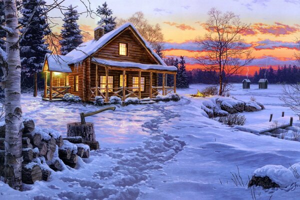 даррелл буш зимний блаженство живопись зима снег хижина дом вечер огонь костер ель береза дрова топор нега