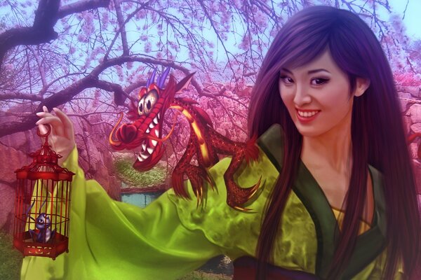 мулан донателла драго уолт дисней анимационный фильм девушка китай принцесса дракон фэнтези фанарт сакура цветение