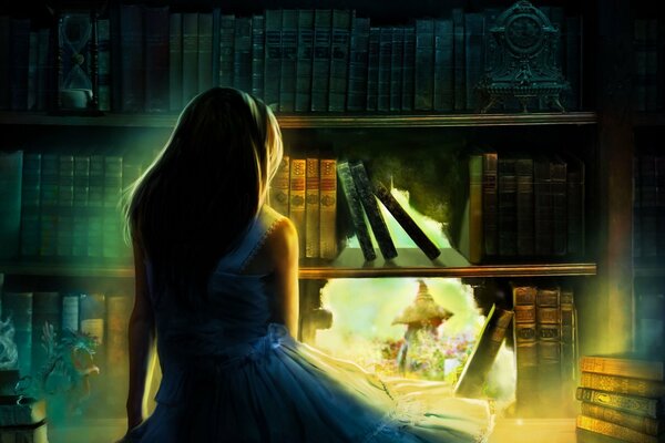 арт девушка спина волосы плечи голубое платье книжный шкаф книги часы статуэтка песочные часы дыра свет