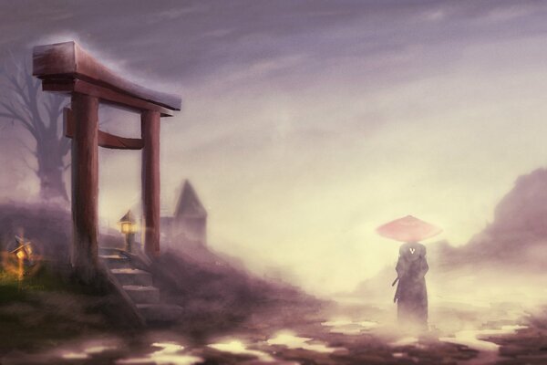 самурай чамплу джин туман пейзаж врата самурай мужчина кимоно фонари дерево зонт