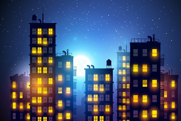 город рисунок ночь романтика свет небо дома небоскребы окна здание луна обои широкоформатные широкоформатные обои для рабочего стола интересные обои интересные картинки