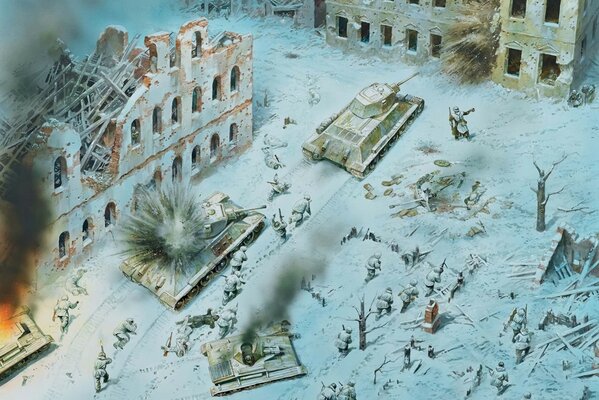 великая отечественная война пуль т-34 советская пехота солдаты наступление город рисунок зима