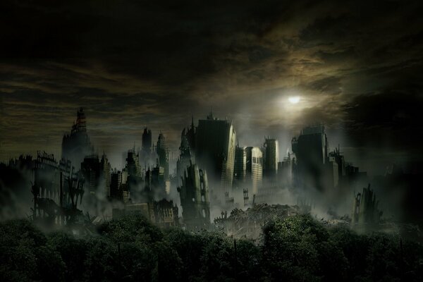 разрушенный город небоскребы темное небо постапокалиптика