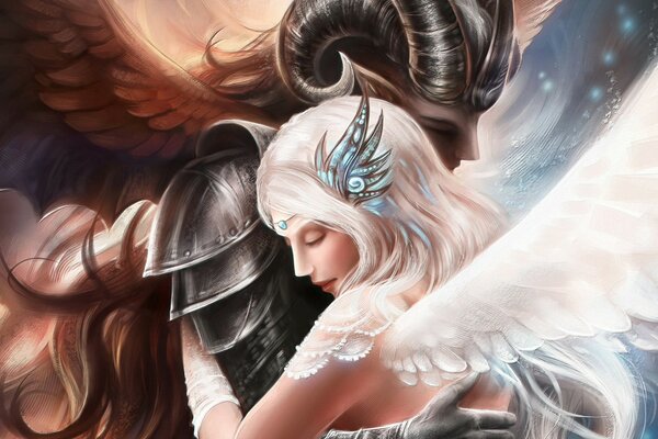 арт девушка люблю ангел объятия демон человечек