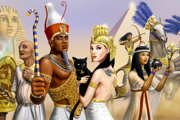 пирамида арт лошади девушки парни фараон сфинкс египет колесница воин священник кот