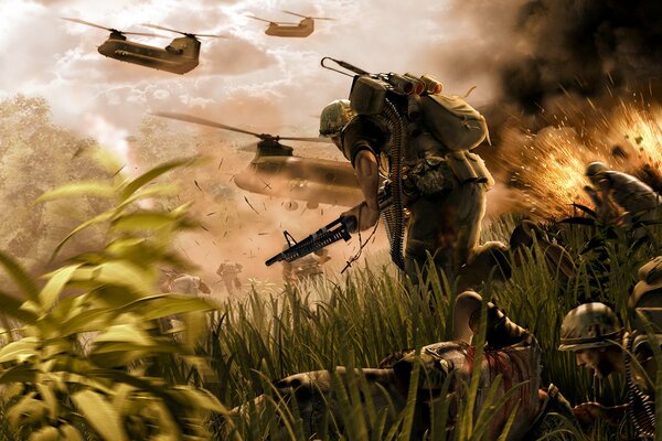вьетнам солдаты оружие джунгли взрывы бой раненый чинук