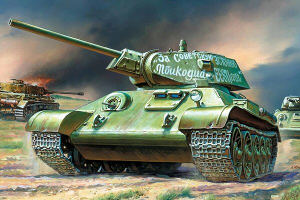 арт атака т-34-76 советские средние танки горящий немецкий средний танк pzkpfw iv великая отечественная война рисунок
