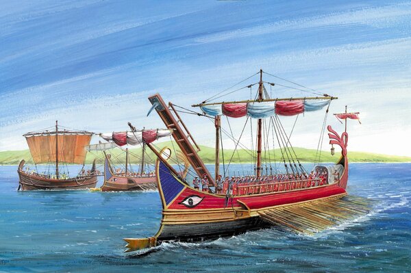 римская трирема основной тип боевого корабля римской империи три ряда весел располагались на трех уровнях скорость триремы достигала 6 узлов основным оружием служил бронзовый таран рисунок.