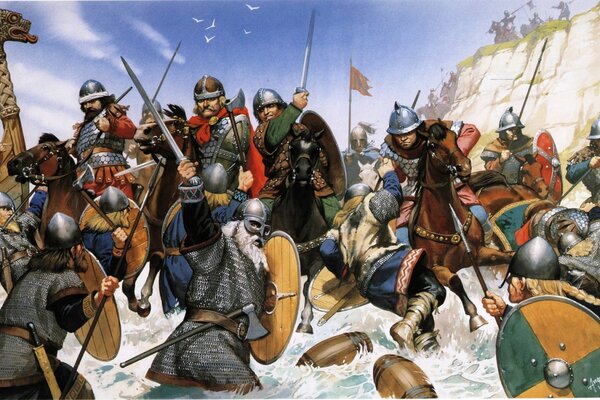 арт бой викинги англосаксы ix век мечи щиты копья топоры вода берег небо птицы рисунок