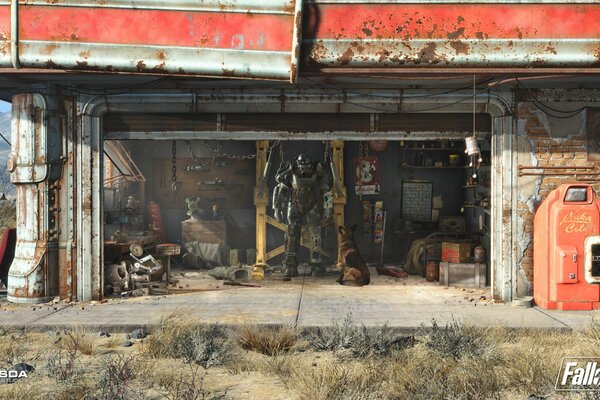 fallout 4 пустошь костюм заправка стоянка робот гараж братство стали fallout радиации силовая броня ангар собака