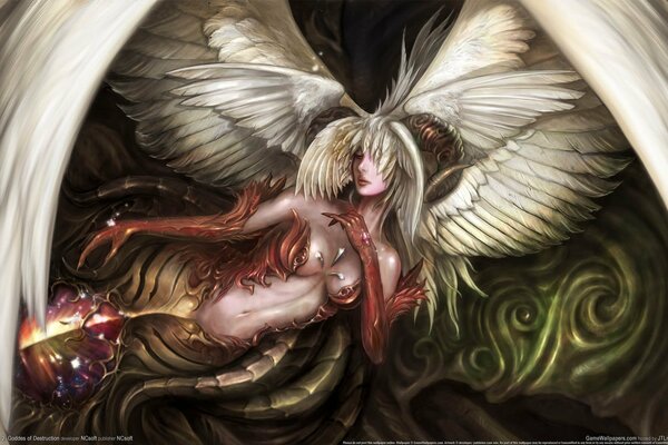lineage 2 : богиня разрушения обои игры фэнтези крылья магия девушка ангел или демон богиня разрушения рога узоры