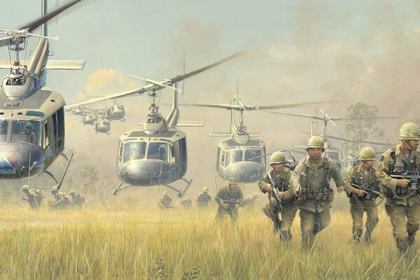 вьетнам белл uh - 1 ирокезы хьюи война высадка кавалерия найти и уничтожить солдаты рисунок