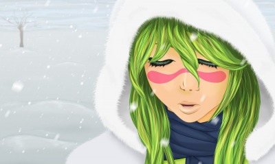 аниме девушка зеленые волосы зима anime girl green hair winter