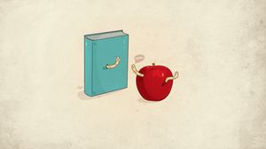 Превью обои книга, минимализм, червяки, яблоко