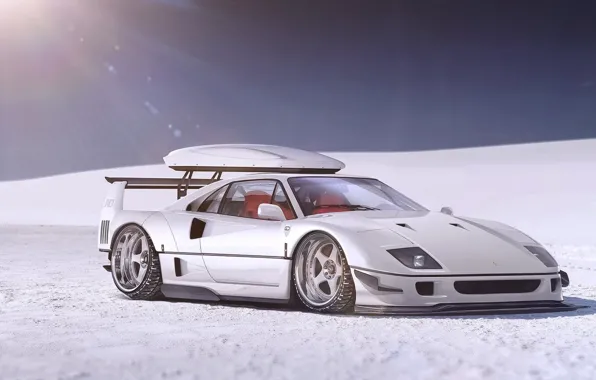 Обои White, Supercar, Front, F40, Ferrari, Autemo, Snow