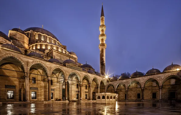 Обои Turkey, Suleymaniye Mosque, мечеть Сулеймание, освещение, архитектура, city, город, Istanbul, Стамбул, ночь, Турция, синее, небо