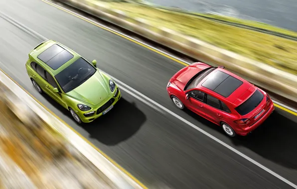 Обои красный, джип, скорость, дорога, зелёный, Porsche Cayenne