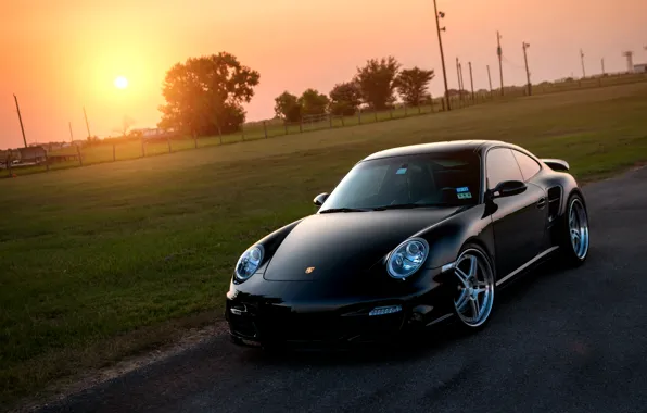 Обои блик, 997, чёрный, front, black, порше, 911, солнце, Porsche, Turbo, газон