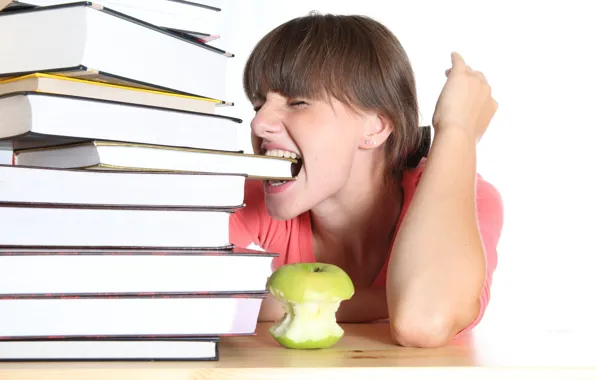 Обои яблоко, студентка, книги, школьница, надоело, девушка, учеба