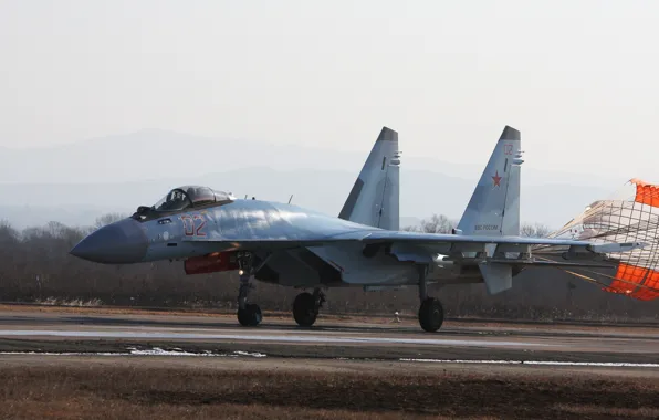 Обои реактивный, Су-35, парашют, истребитель, многоцелевой